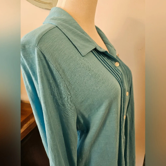 J. Jill Size Large Blue Pintucked Slub Shirt Button Front Long Sleeve Casual - Picture 3 of 10